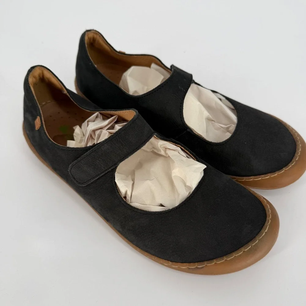 El Naturalista 5768 Black Nubuck Leather Mary Jane Flats Women Size 40